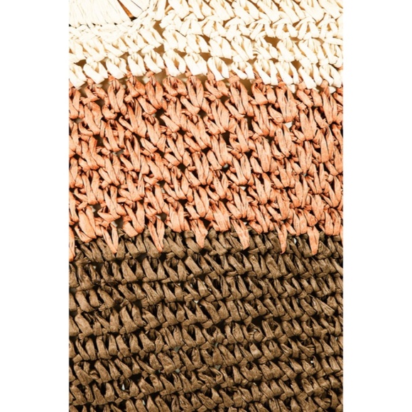 SOLD OUT Three Tone Striped Square Wood Handle Woven Braided Straw Tote Bag - Picture 2 of 5